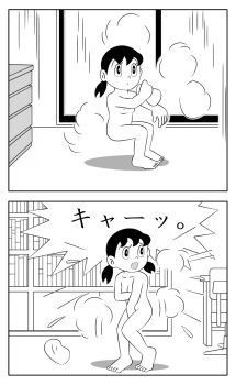 2koma ass awkward bare_hips barefoot bathing bedroom bent_over black_eyes black_hair bookshelf breasts chair comic confused covering_breasts covering_crotch covering_privates covering_vagina crossed_legs desk doraemon feet flat_chest fusuma groin legs looking_to_the_side minamoto_shizuka monochrome na2013 nervous nipples redrawn sliding_doors standing teleportation toes twintails