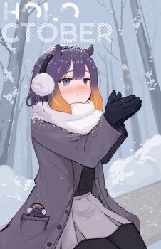 1girl :3 absurdres alternate_costume bare_tree black_gloves black_pantyhose black_sweater blush center-flap_bangs closed_mouth coat cupping_hands double-parted_bangs earmuffs enpera gloves gradient_hair grey_coat grey_skirt highres hololive hololive_english looking_at_viewer mole mole_under_eye multicolored_hair ninomae_ina&#039;nis october open_clothes open_coat orange_hair outdoors own_hands_together pantyhose purple_eyes purple_hair scarf skirt smile snow snowflakes snowing solo sweater takodachi_(ninomae_ina&#039;nis) tentacle_hair tree virtual_youtuber wabiwasabi white_scarf winter