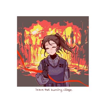 Rule 34 | 1girl, black gloves, blue shirt, blue vest, brown hair, cgranada316, closed eyes, closed mouth, collared shirt, cowboy shot, fire, gloves, highres, limbus company, long hair, ponytail, project moon, saude (project moon), shirt, simple background, solo, vest, walkie-talkie, white background