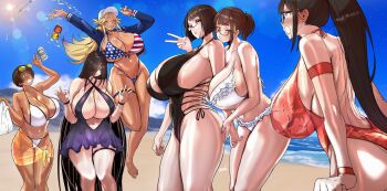 6+girls absurdres american_flag american_flag_bikini american_flag_print beach beer_can bikini black_hair black_one-piece_swimsuit blonde_hair blunt_bangs breasts brown_hair can cleavage commentary dark-skinned_female dark_skin drink_can english_commentary eve_(puzenketsu) eyelashes eyewear_on_head flag_print flag_print_bikini glasses grace_(puzenketsu) high_ponytail highres honey_(puzenketsu) huge_breasts large_breasts long_hair long_sidelocks multiple_girls namhorm_(puzenketsu) one-piece_swimsuit original pigeon-toed ponytail print_bikini puzenketsu short_hair sidelocks swimsuit tai_(puzenketsu) tan tanline thigh_strap v waan_(puzenketsu) white_bikini