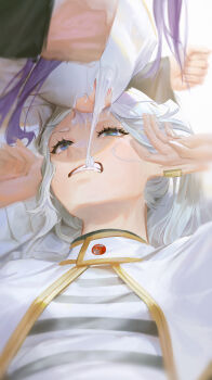 2girls absurdres areola_slip assisted_exposure biting biting_clothes black_coat black_robe breasts capelet clenched_hands clenched_teeth coat commentary_request covered_erect_nipples dress elf fern_(sousou_no_frieren) frieren green_eyes highres large_breasts long_hair lying multiple_girls on_back out_of_frame pointy_ears purple_hair robe sousou_no_frieren straight_hair teeth twintails white_capelet white_dress white_hair world_(1257843324)