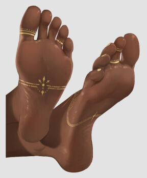 1girl anklet barefoot barefoot_sandals_(jewelry) close-up crossed_ankles crossed_legs dark-skinned_female dark-skinned_male dark_skin egyptian eye_of_horus feet foot_focus gold greek_toe grey_background jewelry liang_mu nail_polish simple_background soles solo toe_ring toenail_polish toenails toes yellow_nails