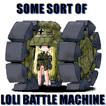 1girl aliasing armor blonde_hair blue_eyes camouflage hanging_legs english_text female_focus loli loli_battle_machine long_hair lowres machine mecha_musume simple_background solo tagme very_long_hair what white_background yone88 yonezuka_ryou