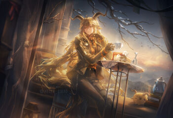 1girl ahoge animal_ears arknights black_gloves black_necktie black_pants blonde_hair brown_jacket choshanland_plushy_(arknights) closed_mouth cup degenbrecher_(arknights) gloves goat_ears goat_horns hair_between_eyes helen_zzhao highres holding holding_cup horns jacket long_hair long_sleeves looking_at_viewer necktie open_clothes open_jacket orange_shirt pants shirt sitting smile solo very_long_hair wallet_chain yellow_eyes