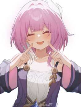 Rule 34 | 1girl, bare shoulders, blush, closed eyes, coat, collarbone, commentary, cyrene (aedes elysiae) (honkai: star rail), cyrene (honkai: star rail), dress, facing viewer, finger to face, hair ornament, hands up, highres, honkai: star rail, honkai (series), index finger raised, medium hair, open mouth, pink hair, purple coat, revision, simple background, smile, solo, twitter username, upper body, white background, white dress, zinkaa