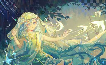 1girl 37_(happy_bird_catcher)_(reverse:1999) 37_(reverse:1999) absurdres bead_choker beads bird blue_eyes braid chinese_commentary commentary_request cowboy_shot dress enderrabbit full_body green_dress green_hair green_ribbon green_veil hair_between_eyes highres open_mouth parted_lips reverse:1999 ribbon sash sleeveless sleeveless_dress solo tareme twin_braids veil white_sash wrist_ribbon