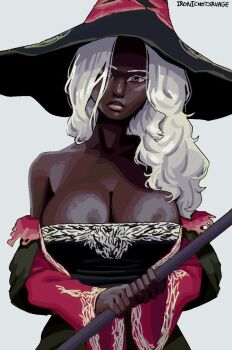 1girl bare_shoulders black_dress black_hat breasts brown_eyes cleavage colored_eyelashes commentary dark-skinned_female dark_skin dress elden_ring elden_ring_nightreign english_commentary expressionless hat highres holding holding_staff ironicnotsavage large_breasts large_hat long_hair long_sleeves looking_at_viewer mage_staff off-shoulder_dress off_shoulder recluse_(elden_ring) red_sleeves solo staff upper_body very_dark_skin white_eyelashes white_hair wide_sleeves witch witch_hat