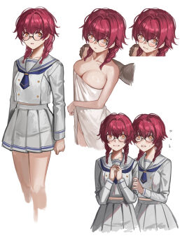 1boy 2girls blue_neckerchief braid breasts cleavage clone collarbone commentary cropped_legs deras english_commentary flying_sweatdrops glasses hand_on_another&#039;s_shoulder highres large_breasts long_sleeves messy_hair multiple_girls multiple_views naked_towel neckerchief original parted_lips pleated_skirt red_hair school_uniform serafuku skirt sweat towel twin_braids wavy_mouth white_serafuku white_skirt