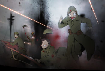 3boys 3others ammunition_pouch army battle belt belt_pouch blood blood_on_clothes blood_spray blurry bolt_action brown_belt brown_hair brown_pants charging_forward clenched_teeth closed_eyes coat commentary death depth_of_field dirt disembodied_hand dust english_commentary explosion falling feet_out_of_frame floating floating_object garrison_cap green_coat green_headwear green_pants grey_sky gun gun_sling gunshot_wound guro hat hat_ornament highres holding holding_gun holding_weapon long_sleeves looking_ahead military military_hat military_uniform mosin-nagant mrxinom multiple_boys multiple_others open_mouth original outdoors pants peril pouch power_lines projectile_trail red_star rifle running short_hair sky soldier soviet soviet_army standing star_(symbol) star_hat_ornament surprised swept_bangs teeth under_fire unworn_headwear utility_pole very_short_hair war weapon wide-eyed world_war_ii yellow_eyes