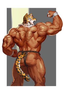 1boy absurdres animal_head ass bara border clenched_hand clenched_hands commentary_request fake_tail flexing from_behind grey_background highres jaguar_tail king_(tekken) korean_commentary male_focus muscular muscular_male solo tail tekken topless_male traver009 veins veiny_arms white_border wrestler