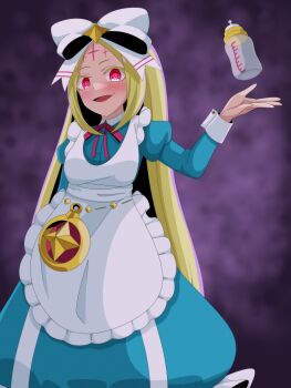 1girl absurdres apron baby_bottle blue_dress blush bottle breasts commentary_request dated_commentary dress floating floating_object forehead_tattoo full-face_blush gesugao hair_ribbon highres juliet_sleeves long_sleeves mahou_shoujo_ni_akogarete morino_korisu nero_alice open_mouth otozato_yomi pink_eyes puffy_sleeves purple_background ribbon simple_background small_breasts smile solo tattoo thick_eyelashes white_apron white_ribbon white_wrist_cuffs wrist_cuffs