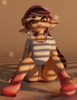 1girl 3d beanie blender_(medium) bottomless callie_(splatoon) come_hither earrings feet hat highres inkling jewelry legs_apart looking_at_viewer looking_down mole mole_under_eye naughty_face nintendo open_mouth pink_socks presenting pussy seductive_smile shirt smile socks solo splatoon_(series) splatoon_2 spread_legs squid t-shirt tagme tentacle_hair tentacles verysleepykat white_shirt