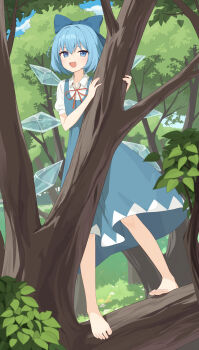 1girl absurdres aqoot barefoot blue_bow blue_dress blue_eyes blue_hair blush bow cirno collared_shirt commentary detached_wings dress hair_bow highres ice ice_wings looking_at_viewer neck_ribbon on_branch open_mouth puffy_short_sleeves puffy_sleeves red_ribbon ribbon shirt short_sleeves smile solo standing_on_branch touhou tree white_shirt wings