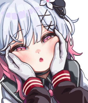 2girls absurdres cheek_squash commentary_request flower gloves hair_flower hair_ornament hands_on_another&#039;s_cheeks hands_on_another&#039;s_face highres korean_commentary long_sleeves looking_at_viewer mahou_shoujo_no_majo_saiban moohyungking multicolored_hair multiple_girls nikaido_hiro open_mouth out_of_frame pink_eyes pink_hair sakuraba_ema short_hair simple_background solo_focus upper_body white_background white_gloves white_hair x_hair_ornament