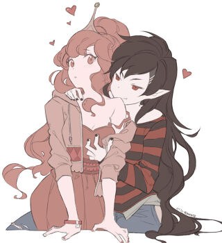 2girls adventure_time artist_name bite_mark black_hair black_nails blush colored_skin fangs flat_color grabbing_another's_breast grey_skin groping heart jacket kawacy light_blush long_hair looking_at_viewer marceline_abadeer multiple_girls nail_polish off_shoulder pink_eyes pink_hair pink_nails pink_skin pointy_ears princess_bonnibel_bubblegum red_eyes shirt smile strap_slip striped_clothes striped_shirt tiara vampire very_long_hair white_background wristband yuri