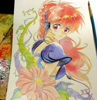 1girl agahari armor art_brush art_tools_in_frame asagiri_youko bikini_armor breasts closed_mouth commentary_request earrings flower from_behind genmu_senki_leda headphones jewelry long_hair looking_at_viewer looking_back medium_breasts neck_ring paintbrush painting_(medium) photo_(medium) pink_flower plant ponytail red_eyes red_hair shoulder_armor solo traditional_media upper_body