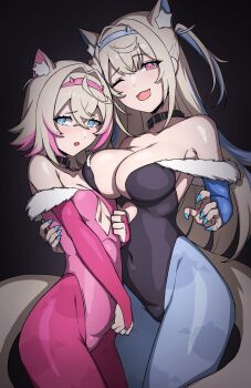 2girls absurdres alternate_costume animal_ear_fluff animal_ears belt_collar black_collar black_leotard blonde_hair blue_hair blue_nails blue_pantyhose breasts character_print cleavage collar cosplay daydarion dog_ears dog_girl dog_tail fuwawa_abyssgard highres hololive hololive_english large_breasts leotard lilith_(darkstalkers) lilith_(darkstalkers)_(cosplay) long_hair looking_at_viewer medium_hair mococo_abyssgard morrigan_aensland morrigan_aensland_(cosplay) multicolored_hair multiple_girls nail_polish one_eye_closed open_mouth pantyhose perroccino_(fuwamoco) pink_hair pink_leotard pink_pantyhose siblings sisters small_breasts smile streaked_hair tail twins two_side_up virtual_youtuber