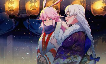 2girls animal_ears blue_eyes braid commentary_request grey_hair highres honkai_(series) honkai_impact_3rd japanese_clothes kallen_kaslana kimono lantern long_hair multiple_girls pink_hair rabbit_ears suppa_(hagakuresuppa) yae_sakura yukata