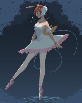 1girl absurdres ahiru_(princess_tutu) ahoge ballerina ballet ballet_dress ballet_slippers bare_shoulders bracelet crown dress en_pointe highres jewelry necklace orange_hair pantyhose princess_tutu princess_tutu_(character) short_hair smile solo sugarbitsart tutu