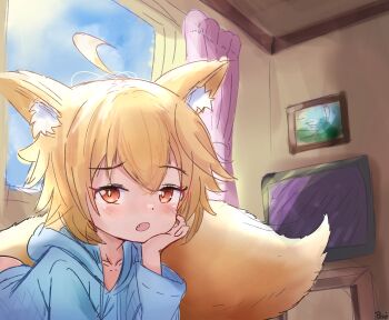 1girl animal_ear_fluff animal_ears blonde_hair blue_hoodie curtains fang fox_ears fox_girl fox_tail highres hood hood_down hoodie indoors iris_(pepzi) long_sleeves original pepzi sketch solo tail window