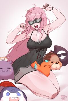 1girl absurdres armpits black_choker black_nails black_nightgown bloop_(gawr_gura) blunt_bangs bracelet breasts bubba_(watson_amelia) choker cleavage commentary death-sensei_(mori_calliope) drooling empire_waist english_commentary eye_mask frantic_(frantickohi) highres hololive hololive_english jewelry kotori_(takanashi_kiara) large_breasts long_hair mask messy_hair mori_calliope mori_calliope_(sleepwear) mouth_drool nail_polish nightgown official_alternate_costume open_mouth pendant_choker pink_hair see-through_clothes sidelocks simple_background sitting sleep_mask solo stuffed_animal stuffed_toy takodachi_(ninomae_ina&#039;nis) teeth upper_teeth_only very_long_hair virtual_youtuber white_background