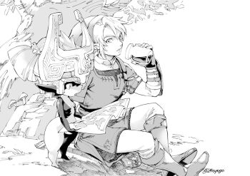 1boy 1girl armor boots bottle chainmail colored_skin earrings gloves greyscale hat helmet holding holding_bottle holding_map jewelry link map midna monochrome multicolored_skin nintendo parted_bangs pointy_ears shortstack sidelocks single_arm_guard sitting the_legend_of_zelda the_legend_of_zelda:_twilight_princess tsuyuga tunic two-tone_skin