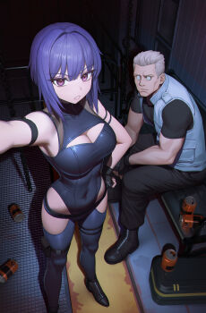 1boy 1girl absurdres arm_strap bare_shoulders batou_(gits) belt black_leotard bodysuit boots breasts cleavage_cutout clothing_cutout covered_navel curvy ghost_in_the_shell ghost_in_the_shell:_sac_2045 glasses grey_hair highleg highleg_leotard highres hip_vent indoors kusanagi_motoko leotard looking_at_viewer medium_breasts pouch purple_eyes purple_hair shirt shoes short_hair sitting skin_tight skindentation sleeveless sleeveless_jacket t-shirt thigh_pouch wide_hips xzu