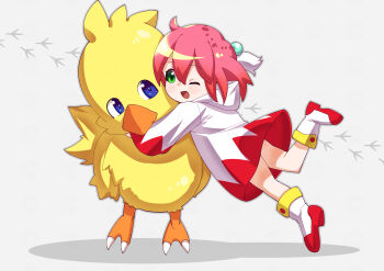 1girl ahoge boots chocobo final_fantasy final_fantasy_fables footprints full_body green_eyes highres one_eye_closed open_mouth pink_hair robe shirma short_hair smile toku_sonchou white_background white_mage_(final_fantasy)