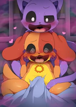 1boy 1girl :d @_@ animal_ears black_sclera body_fur catnap_(poppy_playtime) colored_sclera commentary completely_nude dagasi dogday_(poppy_playtime) english_commentary erection furry furry_female heart hetero highres loli nude open_mouth orange_fur poppy_playtime purple_fur shota smile tail two-tone_fur yellow_fur