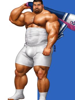 1boy asian bara bulge calves commentary_request costume_request dark-skinned_male dark_skin feet_out_of_frame hairy highres huge_eyebrows jiraiya_(mangaka) large_pectorals looking_at_viewer male_focus mature_male midriff_sarashi muscular muscular_male nipples original pectorals promotional_art sarashi shiny_skin short_hair short_shorts shorts solo standing strongman_waist symbol_request thick_eyebrows ugly_bastard