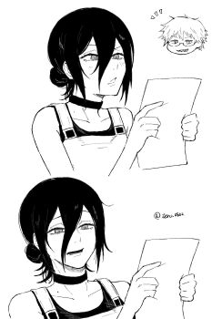 1boy 1girl apron chainsaw_man choker denji_(chainsaw_man) greyscale hair_between_eyes hair_bun highres holding holding_paper madaosw medium_hair meme monochrome paper reading reze_(chainsaw_man) tank_top winnie_the_pooh_reading_(meme)