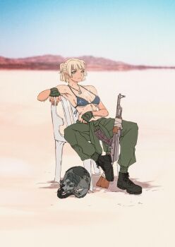 Rule 34 | 1girl, absurdres, baggy pants, black bra, blonde hair, blue sky, boots, bra, breasts, brown boots, chair, closed mouth, commentary, day, desert, dog tags, english commentary, fingerless gloves, freckles, full body, gloves, green gloves, green pants, gun, hand on own stomach, helmet, highres, looking at viewer, medium breasts, navel, outdoors, pants, pilot helmet, prez (project wingman), project wingman, radiarts, rifle, short hair, sitting, sky, solo, spread legs, sweat, underwear, unworn headwear, unworn helmet, weapon