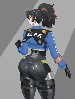 1girl 2025 absurdres arm_at_side ass black_gloves black_hair black_pants blue_jacket blue_trim capelet clothes_writing collarbone commentary contrapposto cropped_jacket dos_dual english_commentary gloves grey_background hairdressing hand_up handlebar high-waist_pants highres holster huge_ass jacket knee_pads long_hair long_sleeves looking_at_viewer multicolored_hair narrow_waist pants parted_lips police police_uniform policewoman ponytail red_eyes red_hair shoulder_holster simple_background streaked_hair thick_thighs thighs two-tone_hair white_background zenless_zone_zero zhu_yuan