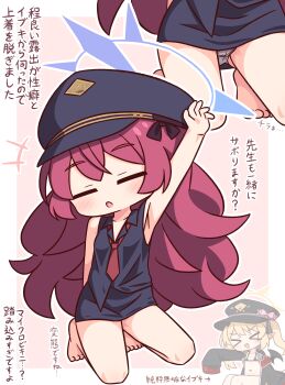 2girls :o arm_up armpits bare_arms bare_legs bare_shoulders barefoot black_shirt black_skirt blue_archive blue_halo closed_eyes collared_shirt commentary_request full_body halo hana_kazari highres ibuki_(blue_archive) iroha_(blue_archive) long_hair miniskirt multiple_girls multiple_views necktie open_mouth panties pantyshot red_hair red_necktie shirt sitting skirt sleeveless sleeveless_shirt translation_request underwear white_panties