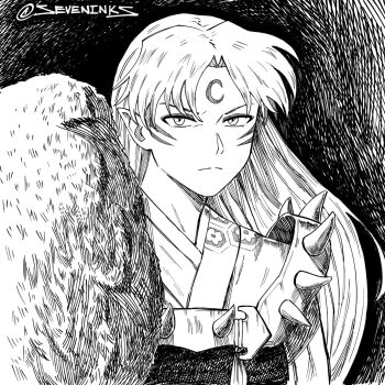 1boy commentary_request crescent crescent_facial_mark crosshatching facial_mark forehead_mark frown greyscale hatching_(texture) highres instagram_username inuyasha japanese_clothes long_hair male_focus monochrome pointy_ears serious sesshoumaru seveninks solo spanish_commentary spikes upper_body whisker_markings