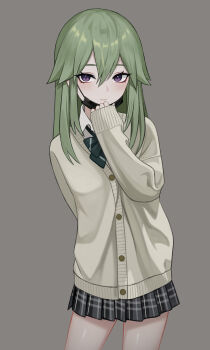 1girl absurdres alternate_costume alternate_hairstyle bad_id bad_pixiv_id blush cardigan cowboy_shot genshin_impact hair_between_eyes hair_down highres kit kuki_shinobu long_hair long_sleeves looking_at_viewer mask mouth_mask plaid_clothes plaid_skirt school_uniform skirt smile solo