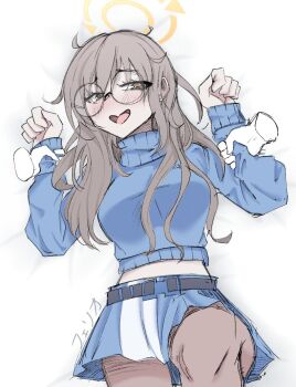 1girl 1other alternate_hair_length alternate_hairstyle artist_name blue_archive blue_skirt blue_sweater blush breasts brown_hair commentary cowboy_shot cropped_sweater disembodied_hand ferio_(speedtribe) from_above glasses halo hashtag-only_commentary holding_another's_wrist knee_up large_breasts long_hair long_sleeves looking_at_viewer lying midriff_peek moe_(blue_archive) on_back open_mouth pov pov_hands restrained round_eyewear sideways_glance skirt smile solo_focus sweater turtleneck turtleneck_sweater yellow_halo