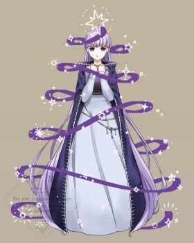 1girl book cape dress fire_emblem fire_emblem:_the_binding_blade full_body highres holding holding_book long_hair long_sleeves looking_at_viewer midori_no_baku nintendo parted_lips purple_cape purple_dress purple_eyes purple_hair solo sophia_(fire_emblem) standing very_long_hair