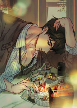 Rule 34 | 1boy, alcohol, arm up, ashtray, black hair, black necktie, blurry, bokeh, brown jacket, cigarette, closed mouth, commentary, depth of field, glass, hair between eyes, hamin (plave), highres, holding, holding cigarette, jacket, k-pop, korean commentary, leaning forward, looking down, loose necktie, male focus, necktie, open clothes, open jacket, photo (object), plave, rjduf666, shirt, short hair, smoking, solo, striped clothes, striped shirt, upper body, vertical-striped clothes, vertical-striped shirt, whiskey