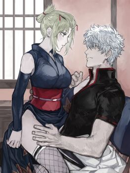 Rule 34 | 1boy, 1girl, bangs pinned back, black kimono, blonde hair, couple, facial scar, fishnets, folded ponytail, gintama, girl on top, hadanugi dousa, hashtag-only commentary, highres, japanese clothes, kimono, looking at another, open kimono, sakata gintoki, scar, scar on cheek, scar on face, sitting, sitting on person, sleeveless, sleeveless kimono, tsukuyo (gintama), white hair, zakirsiz
