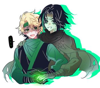 Rule 34 | ..., 2boys, animification, bandana, black cape, black dougi, black gloves, black hair, cape, commentary request, dougi, drop shadow, gloves, green bandana, green headband, green sleeves, green streaks, hand on another's shoulder, headband, highres, korean commentary, ll0 yd, lloyd garmadon, long sleeves, looking at another, male focus, morro, multicolored hair, multiple boys, ninjago, short hair, simple background, spoken ellipsis, streaked hair, sweat, torn cape, torn clothes, upper body, white background