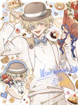 1boy :d blonde_hair blue_bow blue_bowtie blue_ribbon bouquet bow bowtie brown_hat buttons cake chibi chibi_inset coldrex8 curly_hair donut eyepatch fangs florian_brand flower food food-themed_background hat highres holding holding_bouquet identity_v jacket male_focus official_alternate_costume open_mouth pants pretzel raised_eyebrows ribbon smile sweater symbol-shaped_pupils upper_body waffle white_jacket white_pants white_sweater yellow_eyes