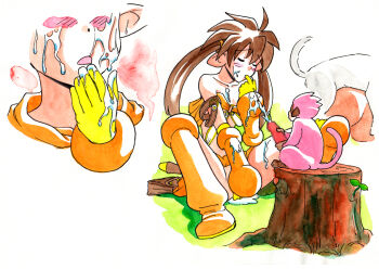 1boy 1girl bad_id bad_pixiv_id bag bare_shoulders bestiality blush boots breasts brown_hair caracol censored closed_eyes collarbone convenient_censoring cum cum_on_body doggystyle ejaculation erection facial female_masturbation finger_in_another's_mouth fingering forest_keeper_nowa full_body gloves hetero inset large_penis legs long_hair masturbation midriff monkey mosaic_censoring no_bra no_panties nowa_(queen's_blade) on_floor open_mouth penis pointy_ears pregnant queen's_blade ruu_(queen's_blade) sex sex_from_behind simple_background sitting small_breasts solo_focus spread_legs tree_stump twintails white_background yellow_gloves