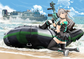 1girl aac_honey_badger advanced_armament_corporation ahoge air-cushioned_landing_craft assault_rifle avondale_gulfport_marine avondale_shipyard bikini bikini_top_only black_bikini black_boots black_choker black_gloves black_skirt black_thighhighs blue_sky boots breasts carbine choker commission day fingerless_gloves gibun_(sozoshu) girls&#039;_frontline gloves green_nails grey_eyes grey_hair gun hair_bun highres holding holding_gun holding_weapon honey_badger honey_badger_(girls&#039;_frontline) hovercraft integral_suppressor integrally-suppressed_firearm landing_craft landing_craft_air_cushion military military_vehicle miniskirt nail_polish outdoors personal_defense_weapon pixiv_commission pleated_skirt q_(firearms_company) rifle side_bun single_side_bun skirt sky small_breasts solo suppressor swimsuit textron textron_marine_and_land_systems textron_systems thighhighs united_states_navy watercraft weapon window_magazine