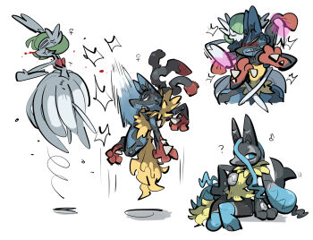 1girl 2boys ? angry blood blue_eyes blue_fur fighting gardevoir gen_4_pokemon jumping kicking leg_lock long_bangs looking_at_another looking_at_viewer lucario martial_arts mega_gardevoir mega_lucario mega_lucario_z mega_pokemon multiple_boys nintendo pokemon pun restrained serious sharp_teeth sitting teeth tirarizun violence what white_background wide_hips yellow_fur