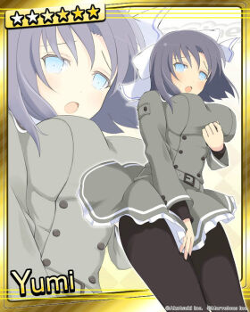 1girl :o arm_under_breasts belt belt_buckle black_pantyhose blue_eyes blush border bow breasts buckle buttons card_(medium) character_background character_name copyright_name covering_privates double-breasted english_text frilled_skirt frills gessen_academy_school_uniform grey_belt grey_hair grey_jacket grey_skirt hair_bow jacket large_breasts long_sleeves looking_at_viewer marvelous official_art open_mouth pantyhose school_uniform senran_kagura senran_kagura_estival_versus senran_kagura_new_wave senran_kagura_shinovi_versus short_hair skirt solo striped_bow white_bow white_trim yumi_(senran_kagura)
