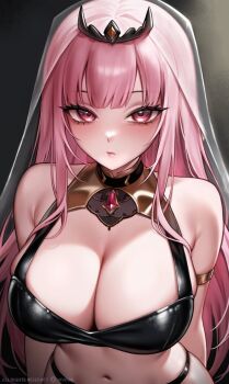 1girl absurdres adapted_costume armlet artist_name bare_shoulders black_panties breasts cleavage closed_mouth commentary crop_top expressionless gold_armlet highres hololive hololive_english jewelry large_breasts long_hair looking_at_viewer mori_calliope mori_calliope_(1st_costume) navel panties pink_eyes pink_hair skindentation solo tiara underwear upper_body veil very_long_hair virtual_youtuber viviria