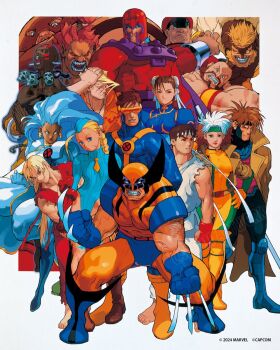 akuma_(street_fighter) beard bengus blonde_hair blue_bodysuit blue_dress blue_hair bodysuit border brown_hair cammy_white capcom cape character_request charlie_nash china_dress chinese_clothes chun-li claw_(weapon) claws cyclops dhalsim dougi dress facial_hair gambit green_bodysuit highres juggernaut_(x-men) ken_masters long_hair m._bison magneto marvel marvel_vs._capcom medium_hair multicolored_bodysuit multicolored_hair official_art one-eyed pants red_bodysuit red_pants red_tunic rogue_(x-men) ryu_(street_fighter) sabertooth_(x-men) short_hair storm_(x-men) street_fighter tunic two-tone_bodysuit two-tone_hair weapon white_border white_cape white_hair white_pants white_tunic wolverine_(x-men) x-men x-men_vs._street_fighter yellow_bodysuit zangief