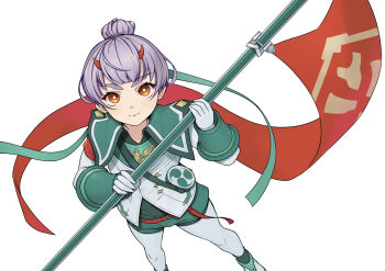 1girl bright_pupils closed_mouth commentary_request fiona_(xenoblade) flag flagpole hair_bun holding holding_flag horns looking_at_viewer namicha orange_eyes pants purple_hair simple_background single_hair_bun skin-covered_horns smile solo standing thick_eyebrows white_background white_pants white_pupils xenoblade_chronicles_(series) xenoblade_chronicles_3