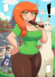 Rule 34 | !, 1boy, 1girl, alex (minecraft), animal, beard, block (object), blue pants, blue shirt, blush, breasts, brown footwear, brown hair, brown pants, cleavage, cloud, collarbone, cube, facial hair, gold, grass, green eyes, green shirt, hand on own hip, holding, large breasts, llama, llama (minecraft), long hair, looking at viewer, minecraft, open mouth, pants, pickaxe, ponytail, punching, red hair, rock, shirt, shoes, short hair, short sleeves, side ponytail, silver, sky, smile, sparkle, speech bubble, spoken gold, standing, steve (minecraft), teeth, thick thighs, thighs, tony welt, tree, wide hips